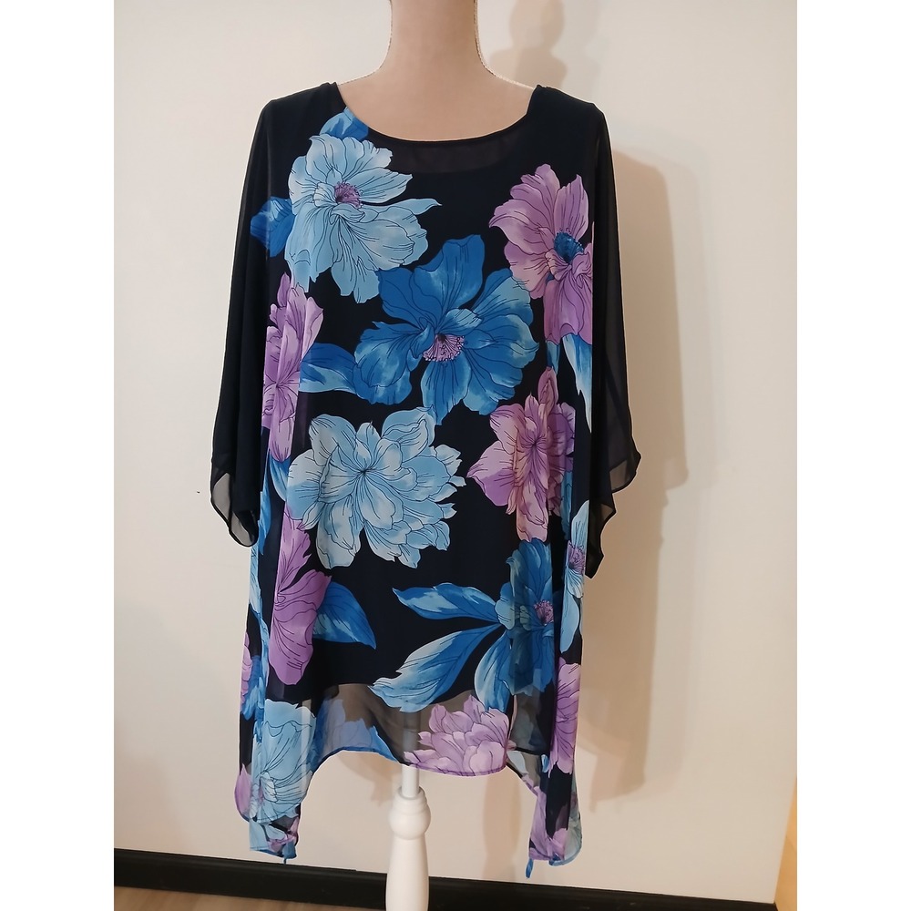 Susan Graver Womens 2X Floral Sheer Overlay Sharkbite Hem Top Navy Blue Purple